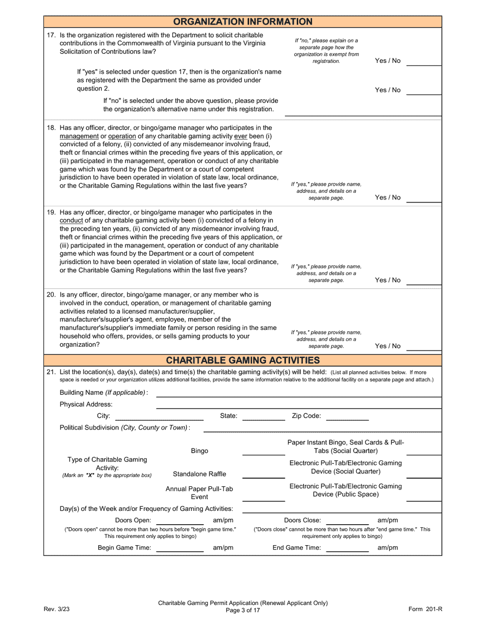 Form 201-R Charitable Gaming Permit Application (Renewal Applicant Only) - Virginia, Page 3