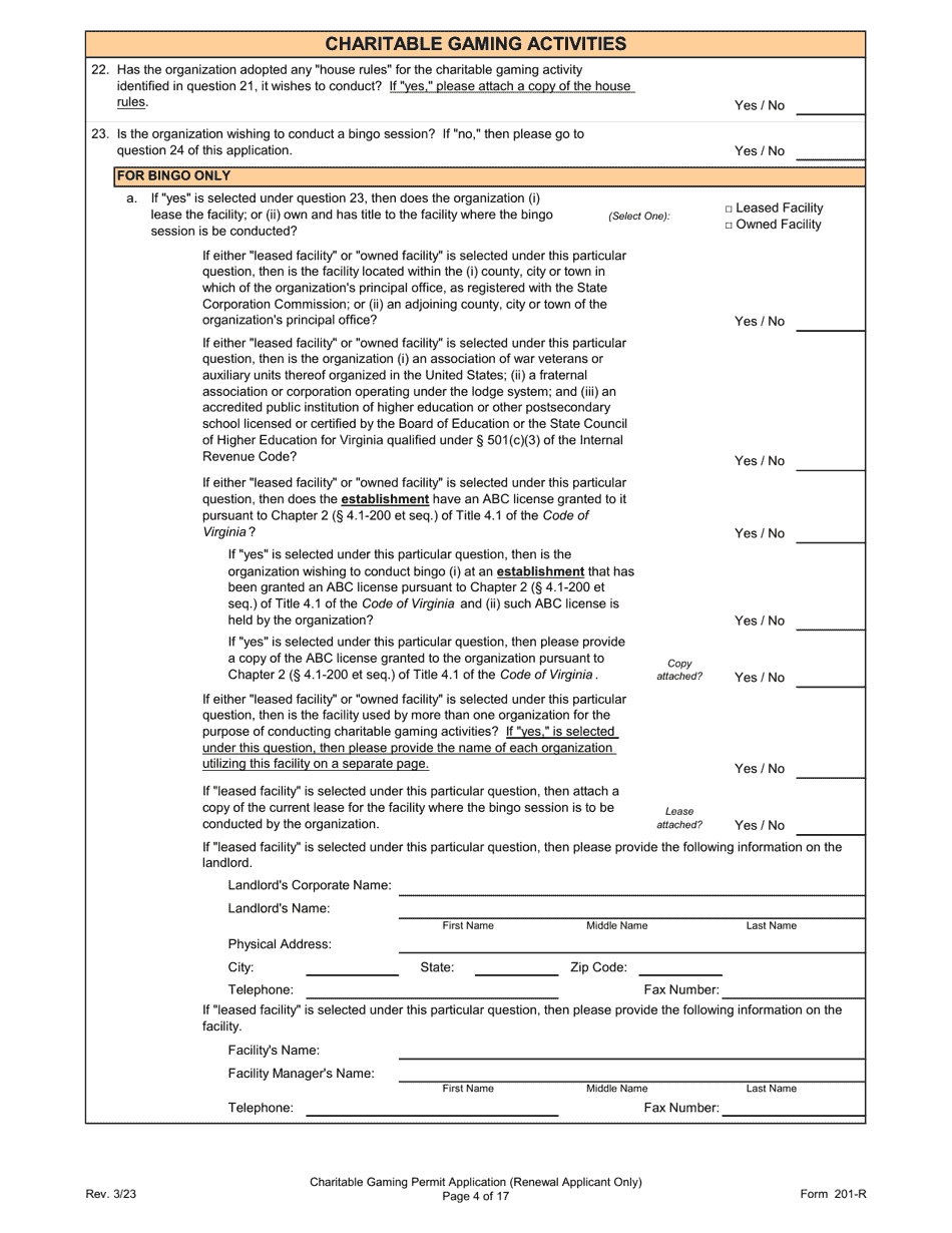 Form 201-R Charitable Gaming Permit Application (Renewal Applicant Only) - Virginia, Page 4
