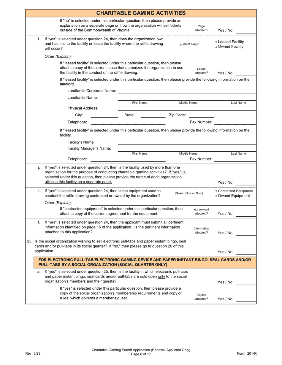 Form 201-R Charitable Gaming Permit Application (Renewal Applicant Only) - Virginia, Page 6