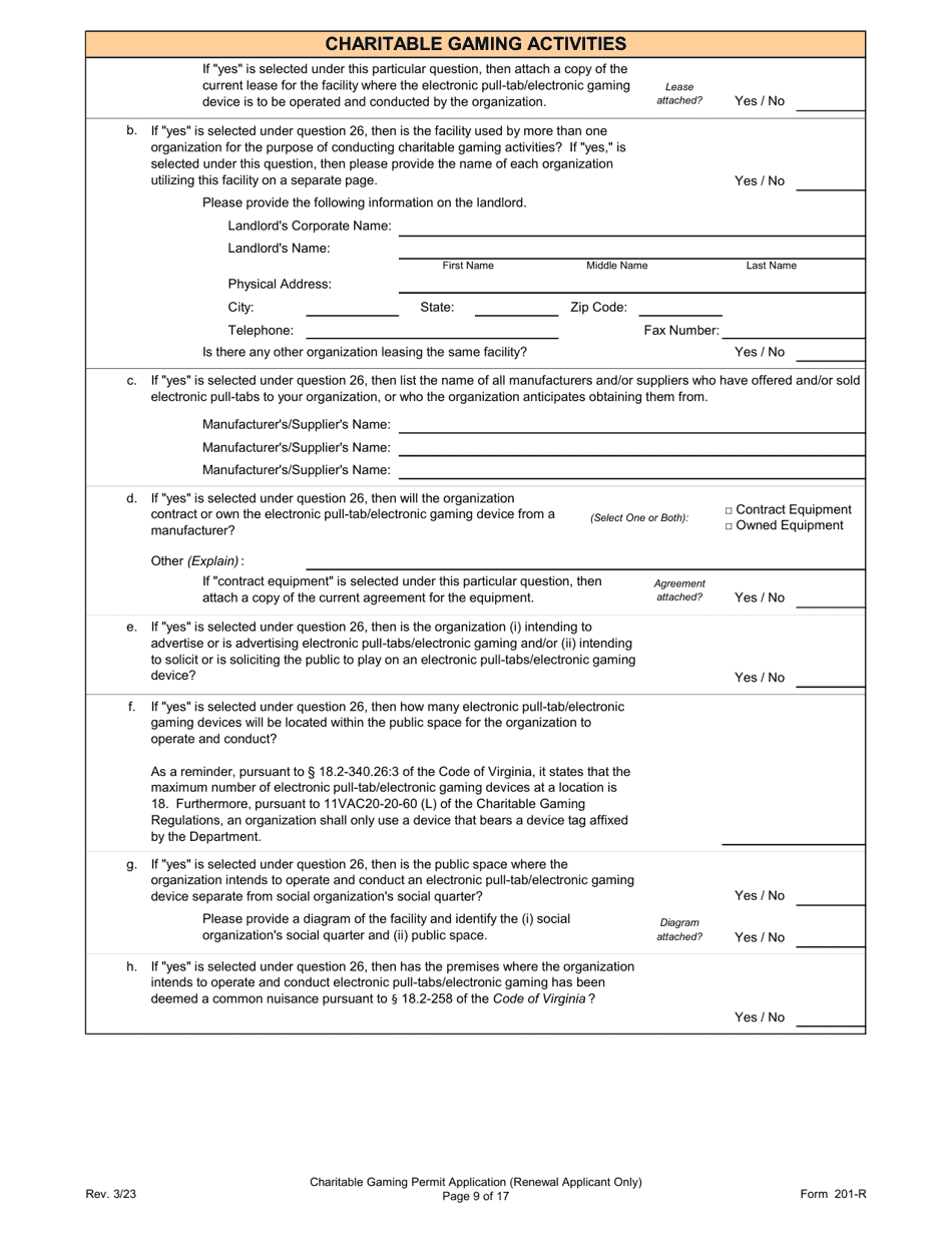 Form 201-R Charitable Gaming Permit Application (Renewal Applicant Only) - Virginia, Page 9
