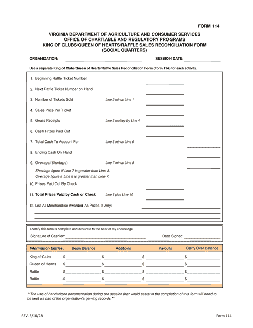 Form 114 King of Clubs/Queen of Hearts/Raffle Sales Reconciliation Form (Social Quarters) - Virginia