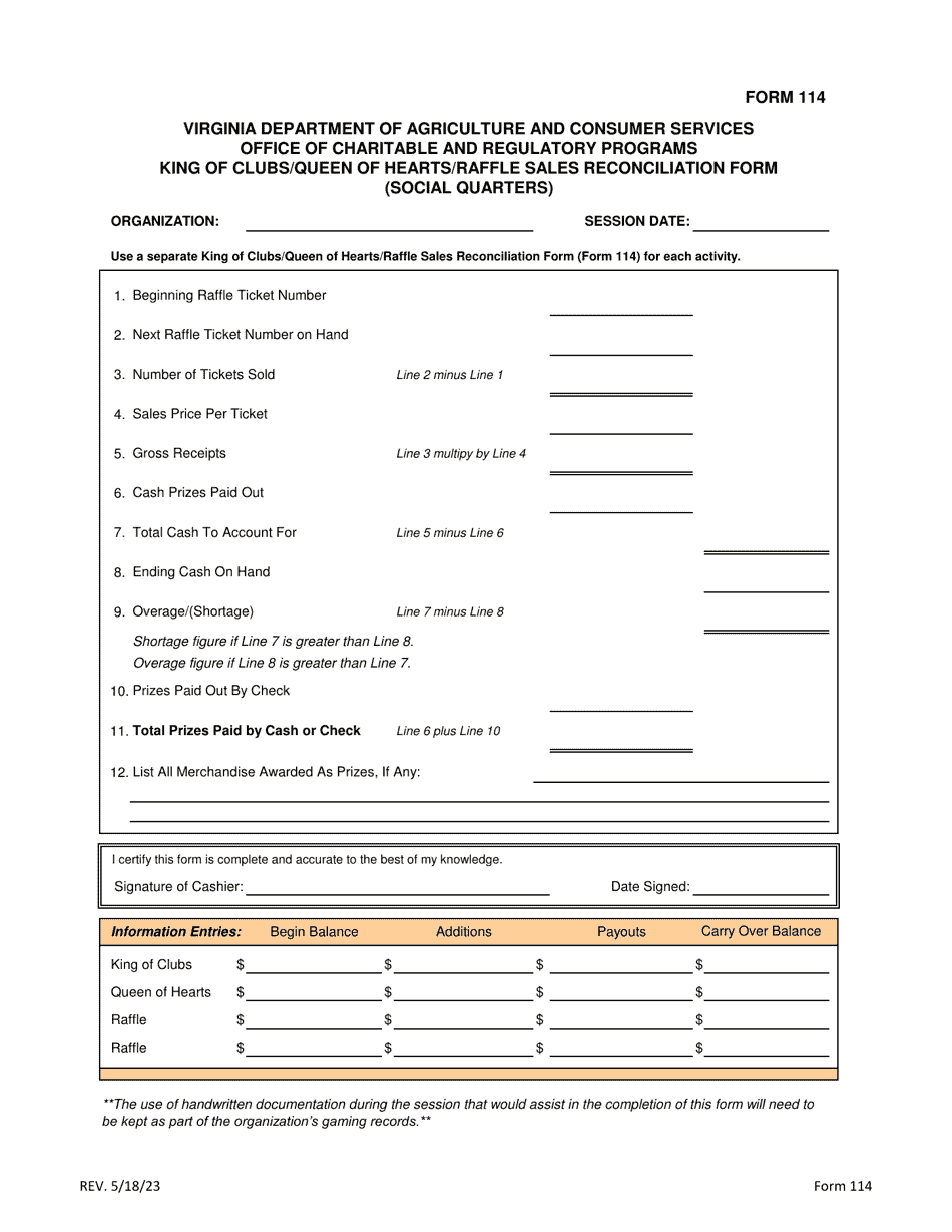 Form 114 King of Clubs / Queen of Hearts / Raffle Sales Reconciliation Form (Social Quarters) - Virginia, Page 1