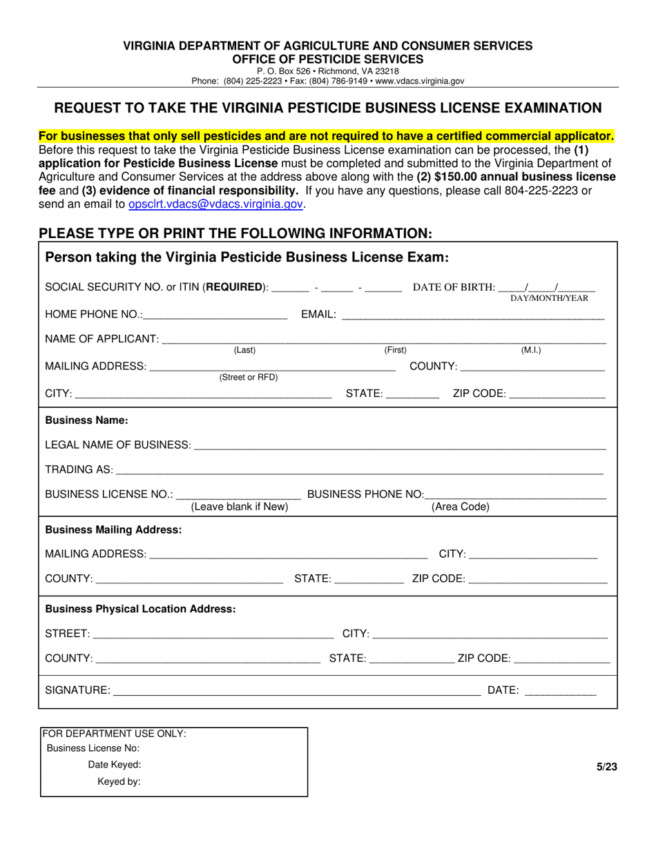 Virginia Request to Take the Virginia Pesticide Business License ...