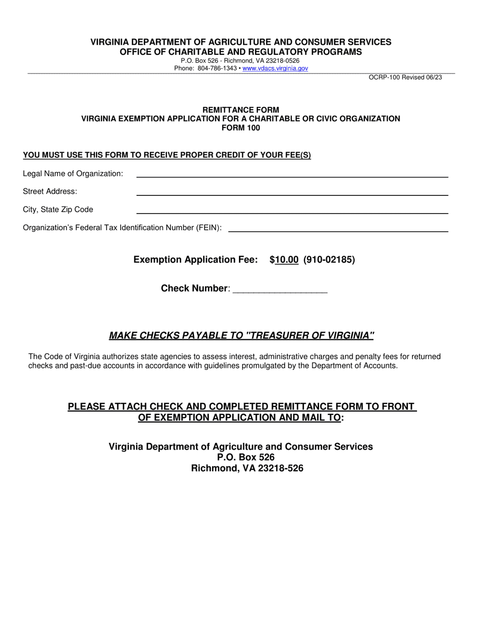 Form OCRP-100 Remittance Form - Virginia Exemption Application for a Charitable or Civic Organization - Virginia, Page 1