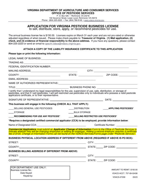 Form VDACS-07209 Application for Virginia Pesticide Business License - Virginia