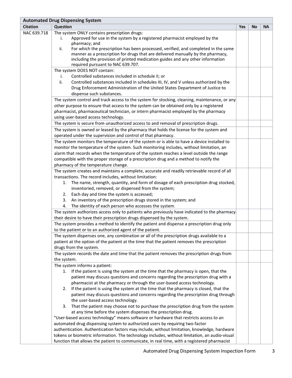 Automated Drug Dispensing System Inspection Form - Nevada, Page 3