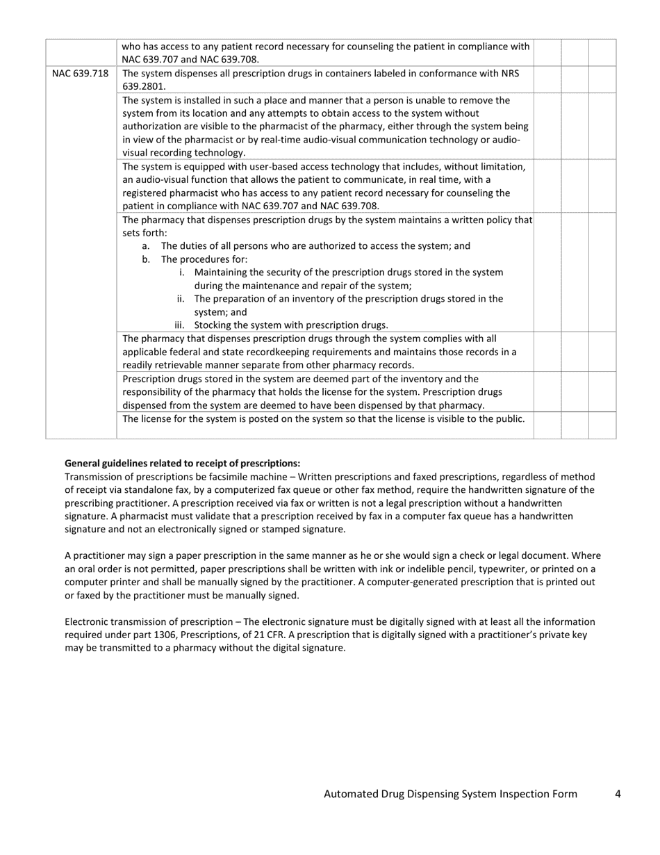 Automated Drug Dispensing System Inspection Form - Nevada, Page 4