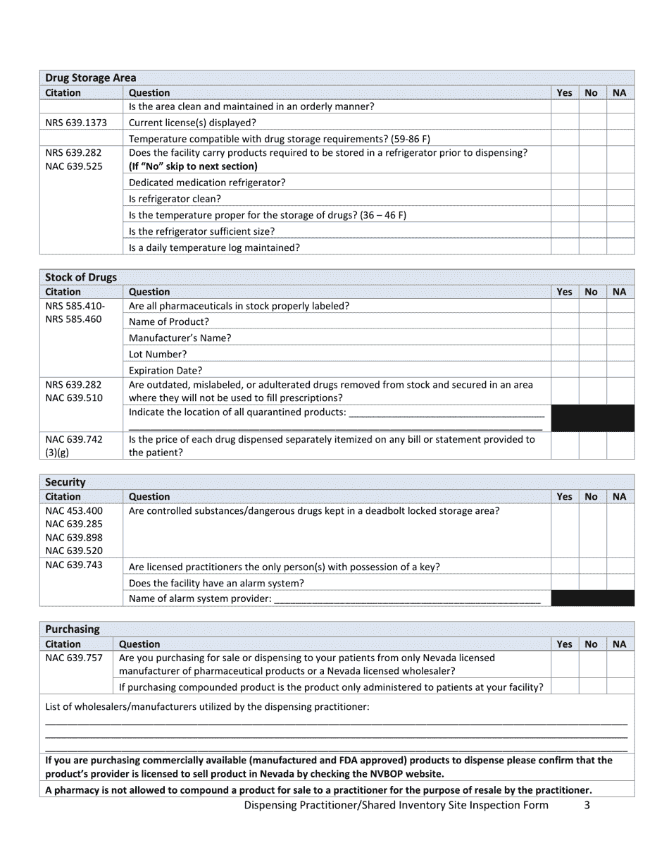 Dispensing Practitioner / Shared Inventory Site Inspection Form - Nevada, Page 3