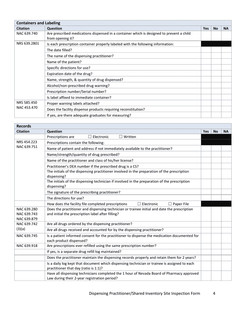 Dispensing Practitioner / Shared Inventory Site Inspection Form - Nevada, Page 4