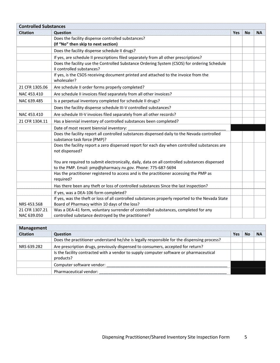 Dispensing Practitioner / Shared Inventory Site Inspection Form - Nevada, Page 5
