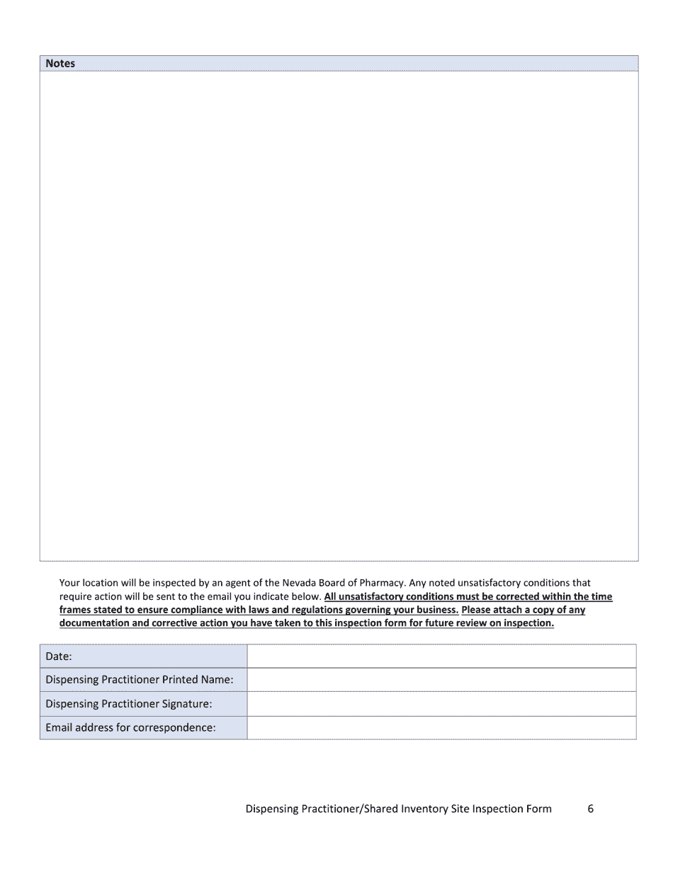 Dispensing Practitioner / Shared Inventory Site Inspection Form - Nevada, Page 6