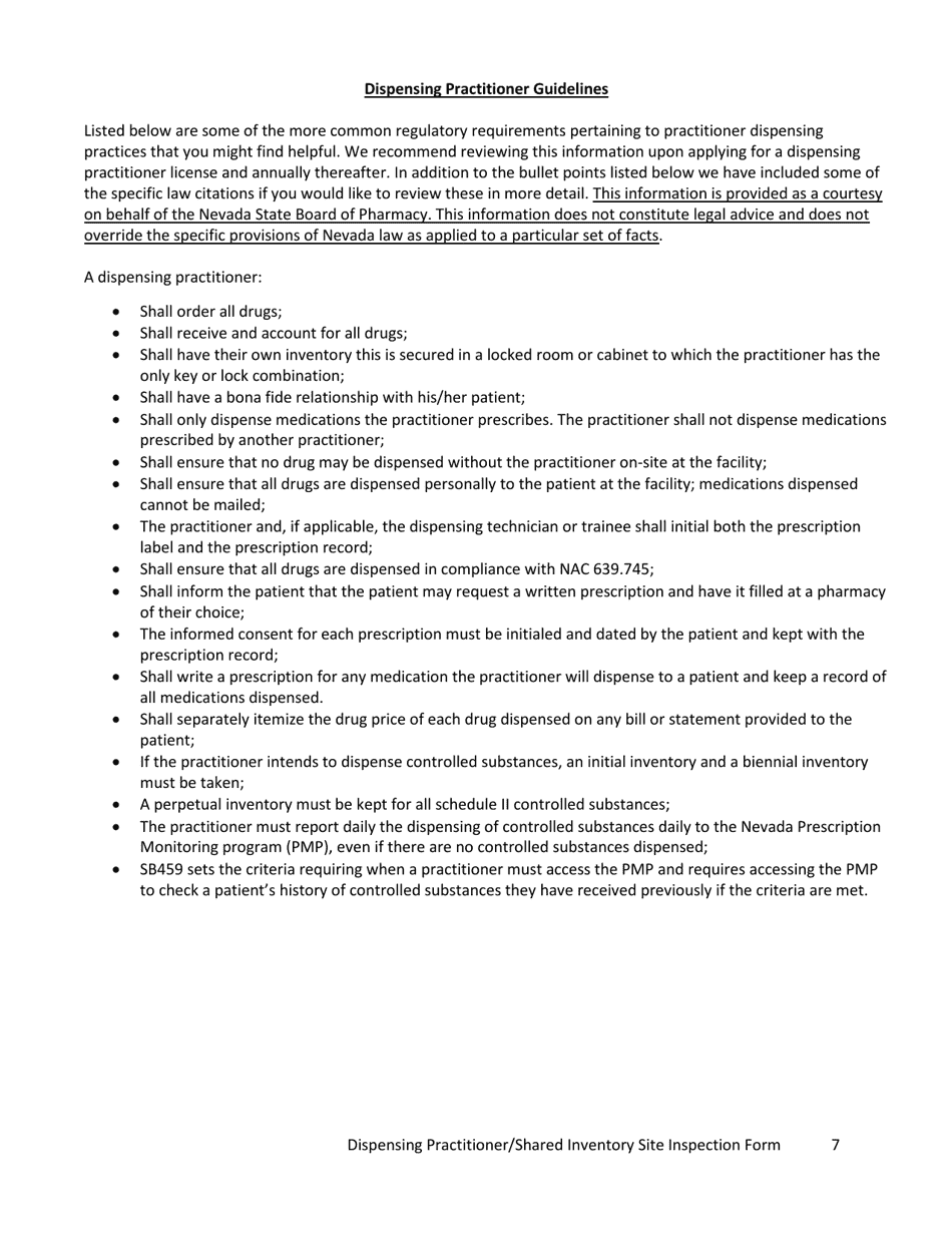 Dispensing Practitioner / Shared Inventory Site Inspection Form - Nevada, Page 7