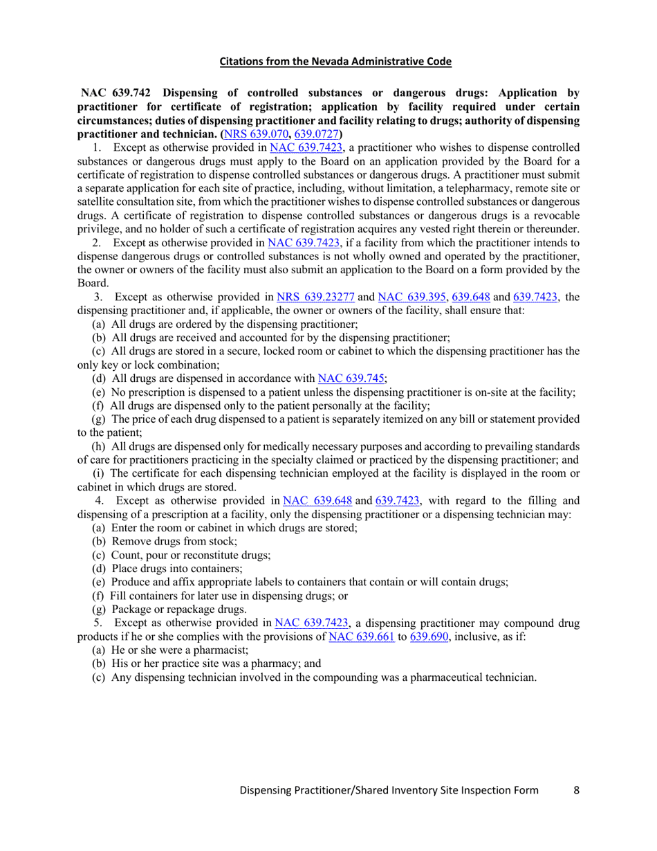 Dispensing Practitioner / Shared Inventory Site Inspection Form - Nevada, Page 8