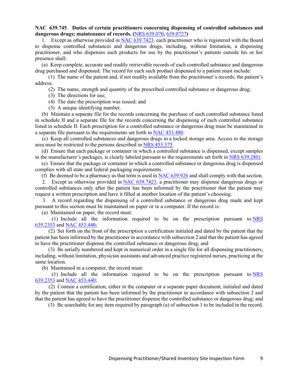Dispensing Practitioner / Shared Inventory Site Inspection Form - Nevada, Page 9