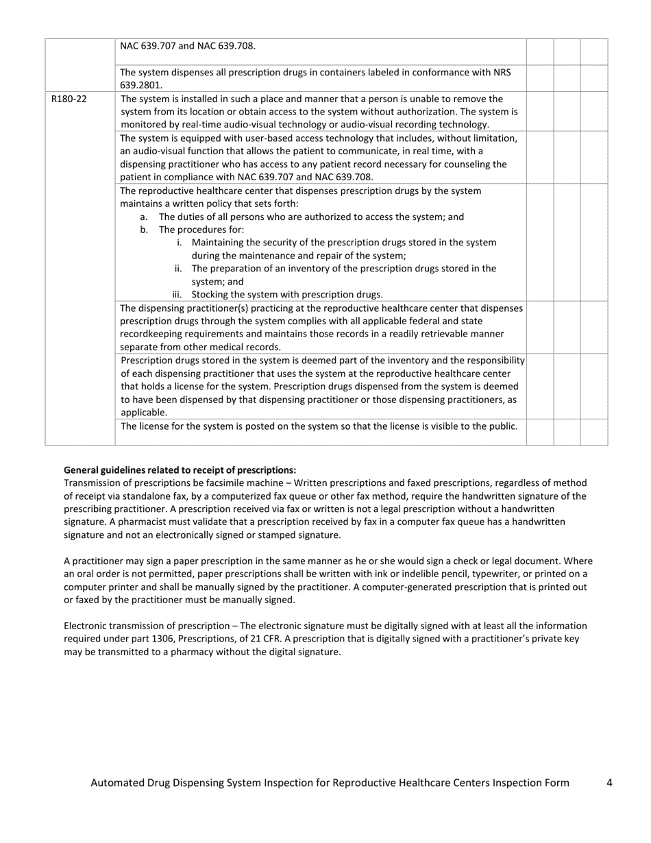 Automated Drug Dispensing System Inspection for Reproductive Healthcare Centers Inspection Form - Nevada, Page 4