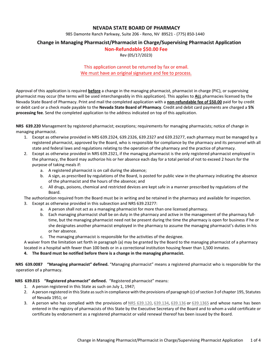Change in Managing Pharmacist / Pharmacist in Charge / Supervising Pharmacist Application - Nevada, Page 1