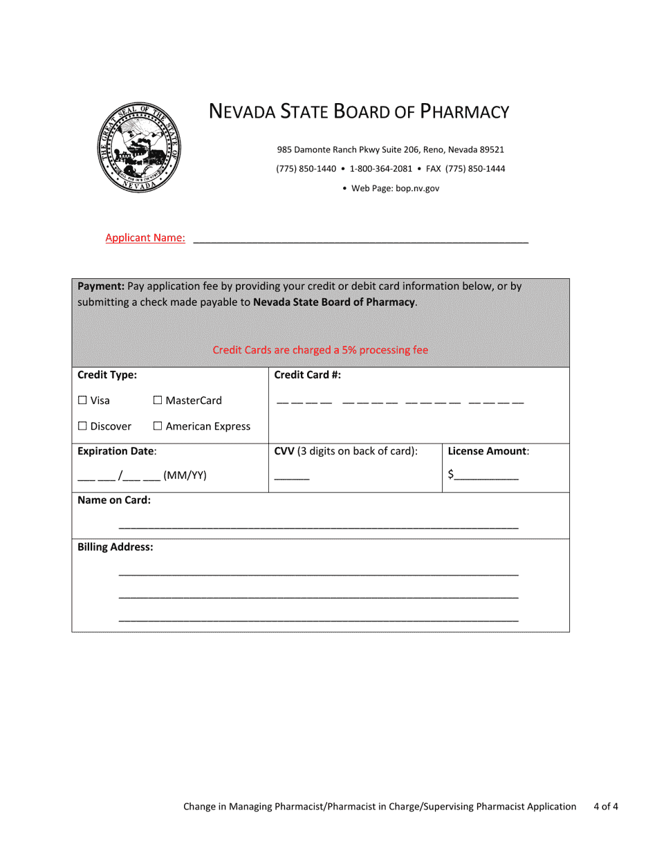 Change in Managing Pharmacist / Pharmacist in Charge / Supervising Pharmacist Application - Nevada, Page 4