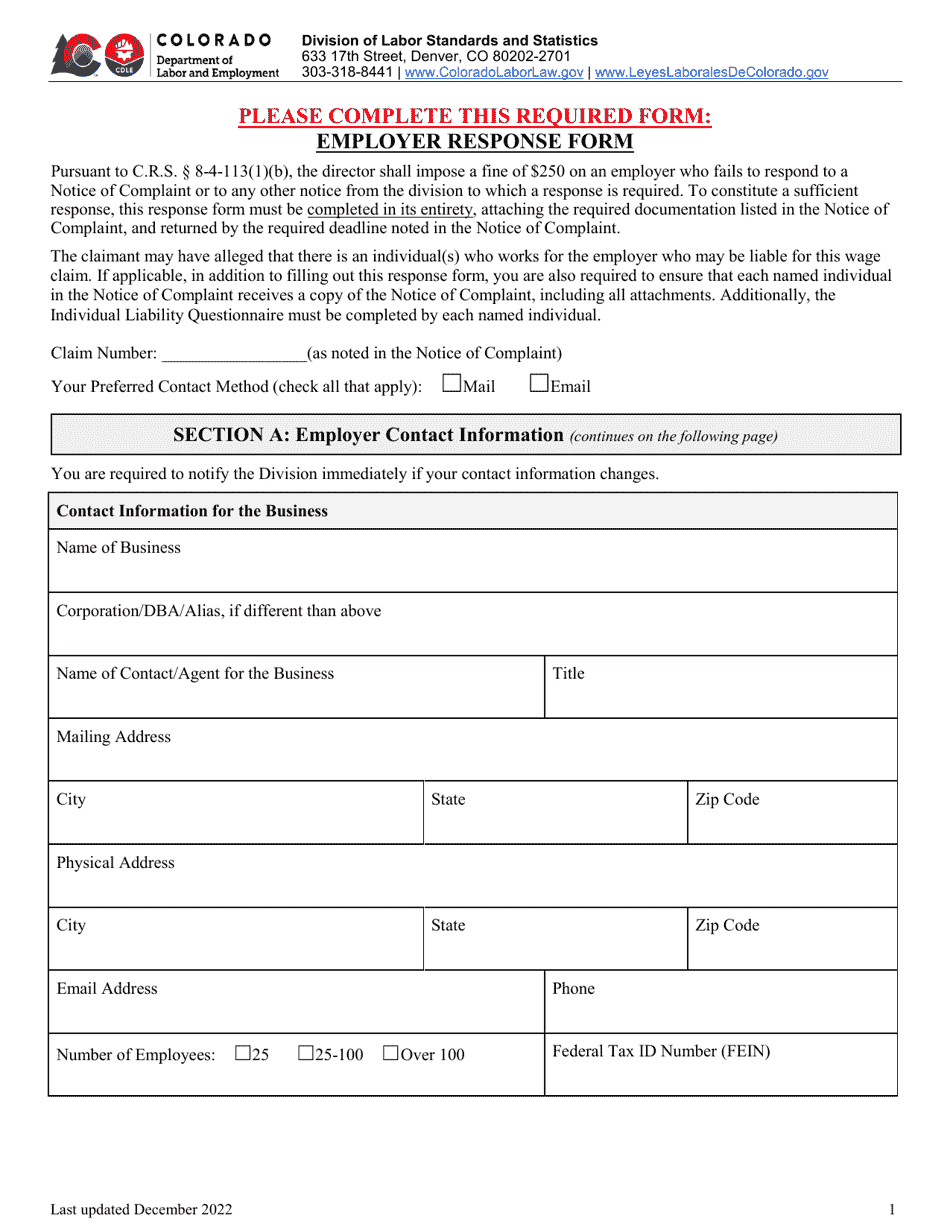 Employer Response Form - Colorado, Page 1