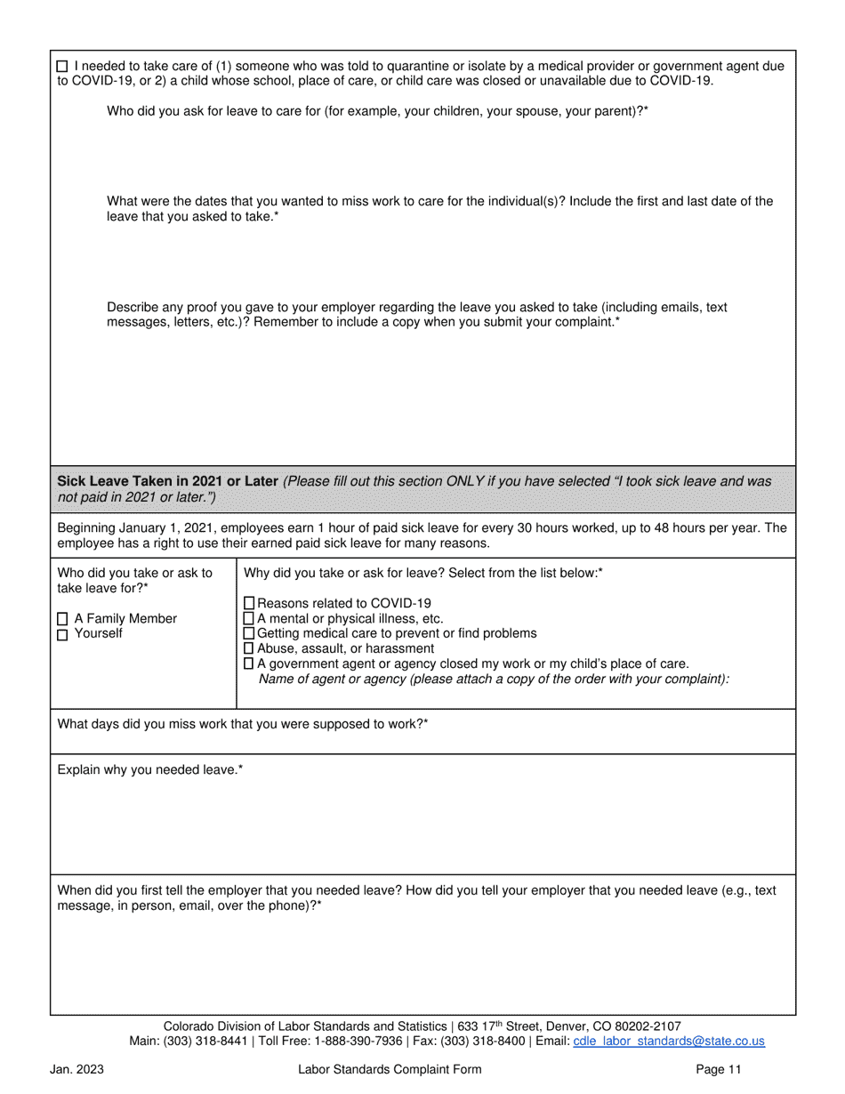 Labor Standards Complaint Form - Colorado, Page 11