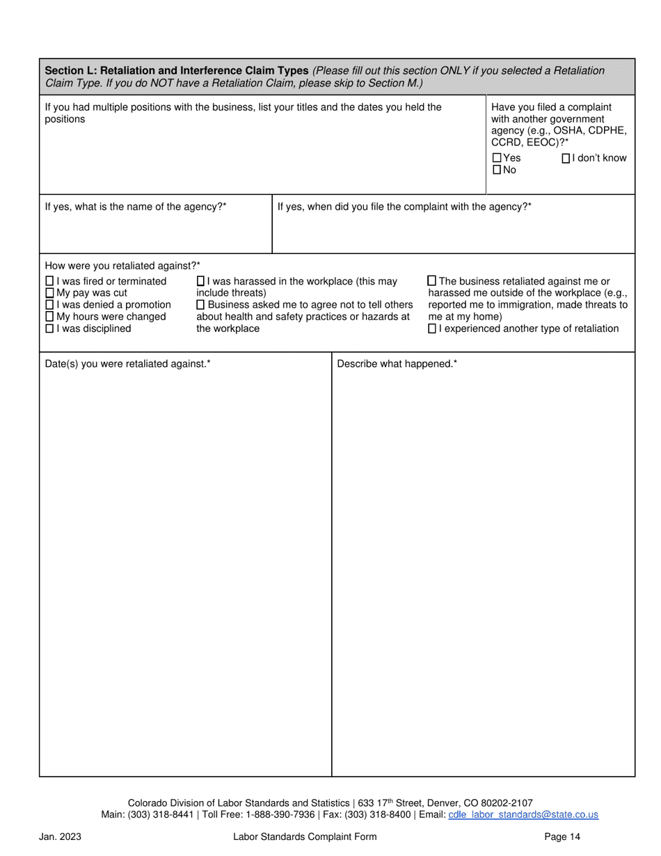 Labor Standards Complaint Form - Colorado, Page 14