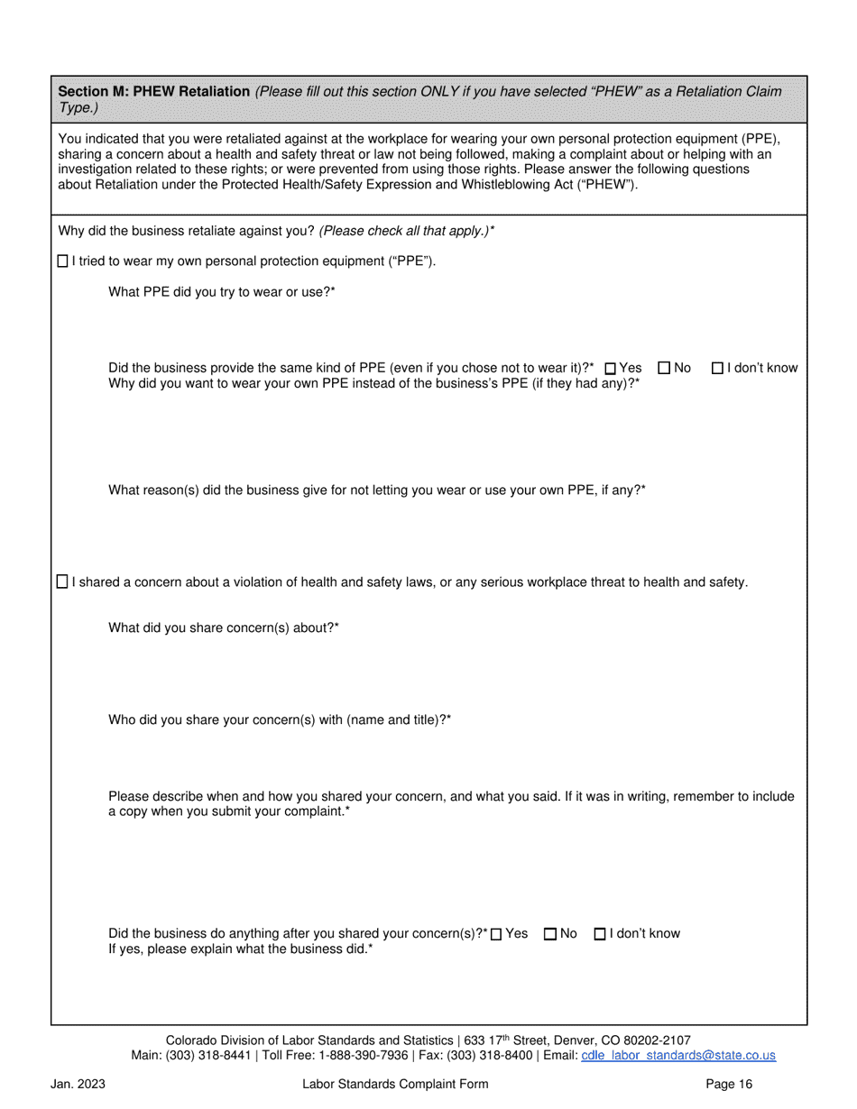 Labor Standards Complaint Form - Colorado, Page 16