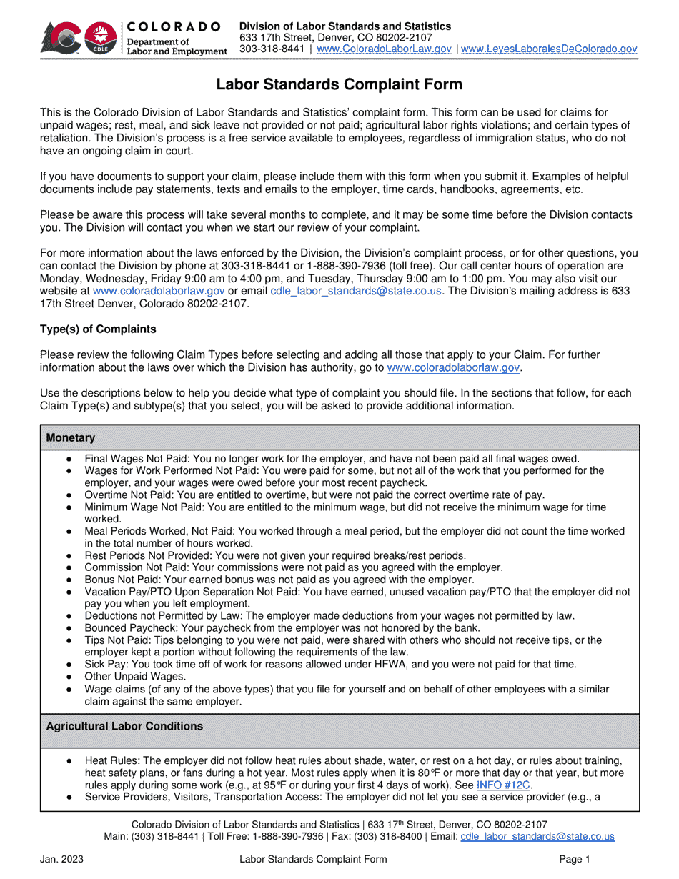 Labor Standards Complaint Form - Colorado, Page 1