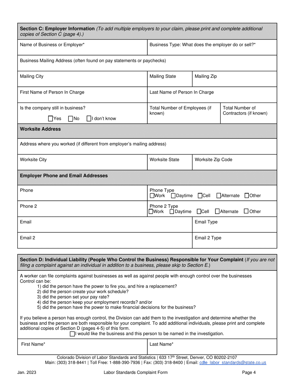 Labor Standards Complaint Form - Colorado, Page 4