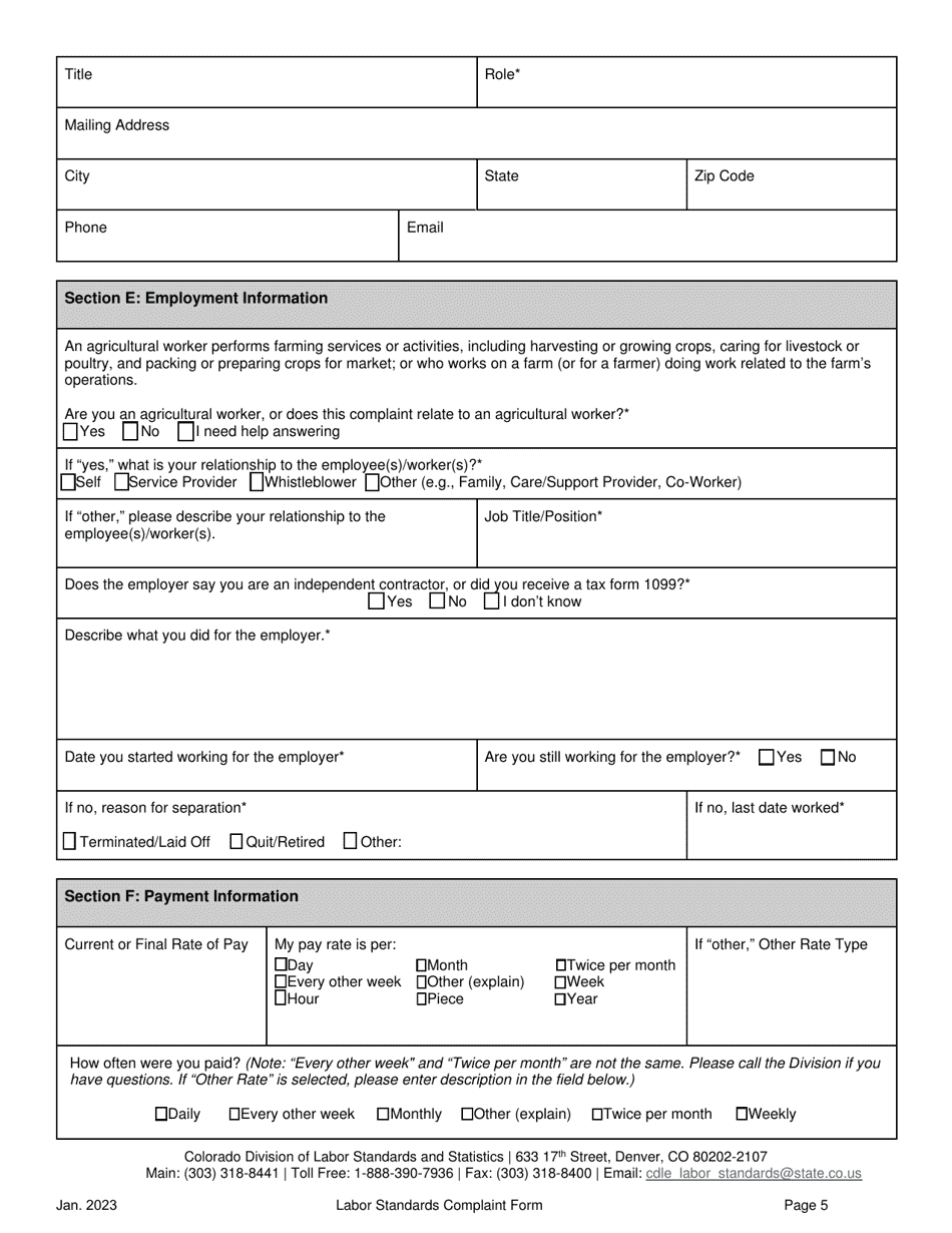 Labor Standards Complaint Form - Colorado, Page 5