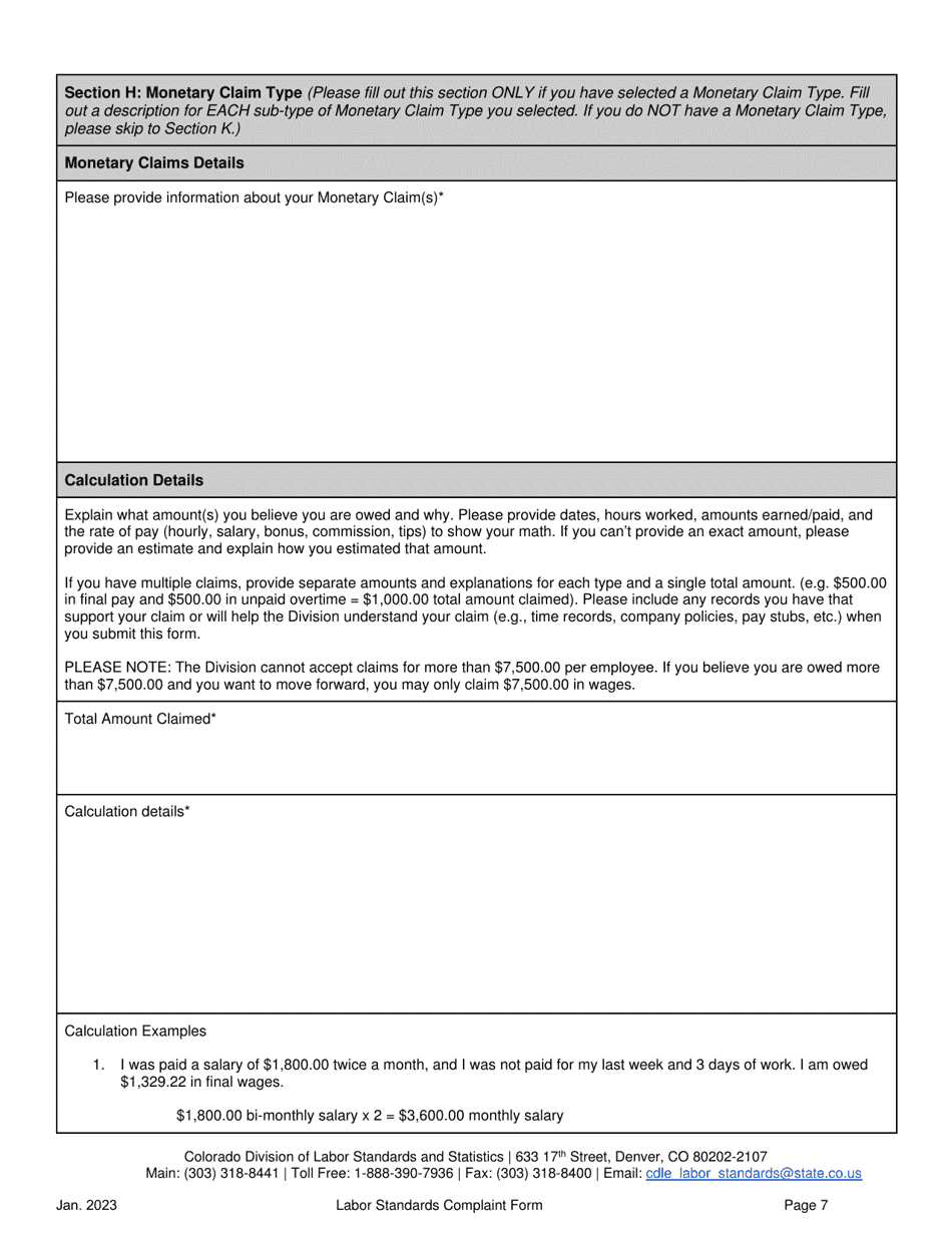 Labor Standards Complaint Form - Colorado, Page 7