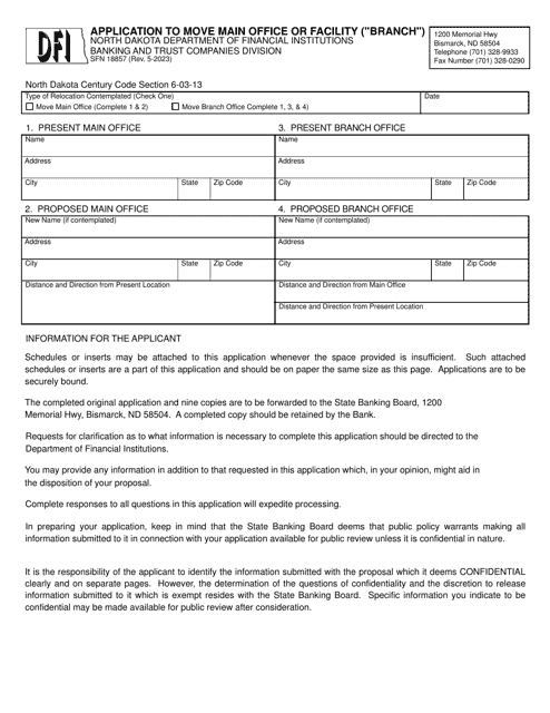 Form SFN18857 Application to Move Main Office or Facility ("branch") - North Dakota