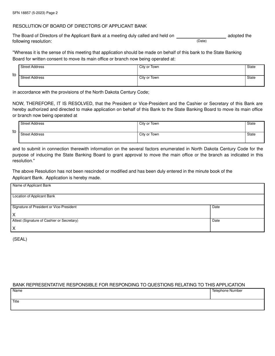 Form SFN18857 Application to Move Main Office or Facility (branch) - North Dakota, Page 2