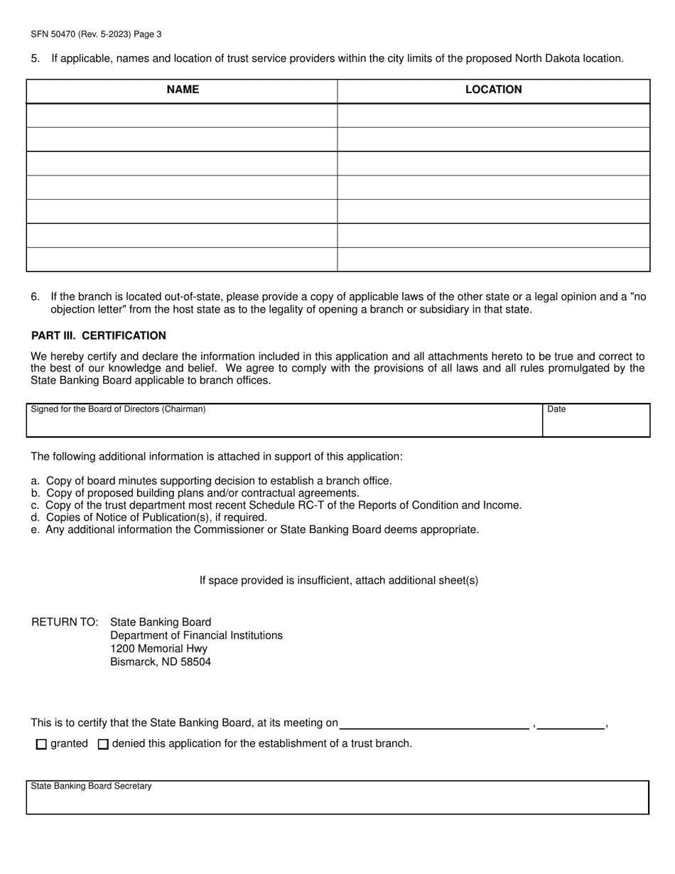 Form SFN50470 Application to Establish a State-Chartered Bank Trust Branch - North Dakota, Page 3