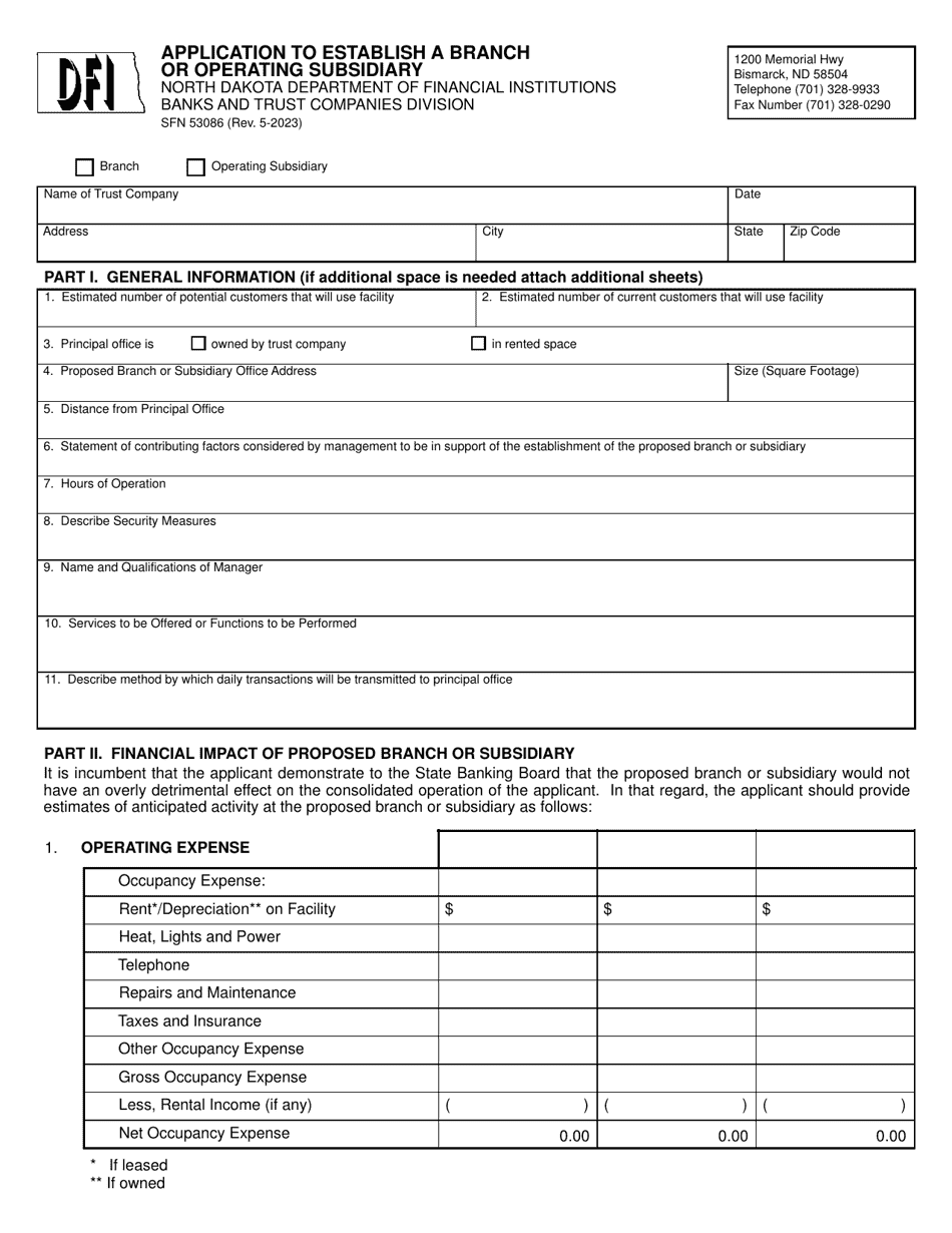 Form SFN53086 Application to Establish a Branch or Operating Subsidiary - North Dakota, Page 1