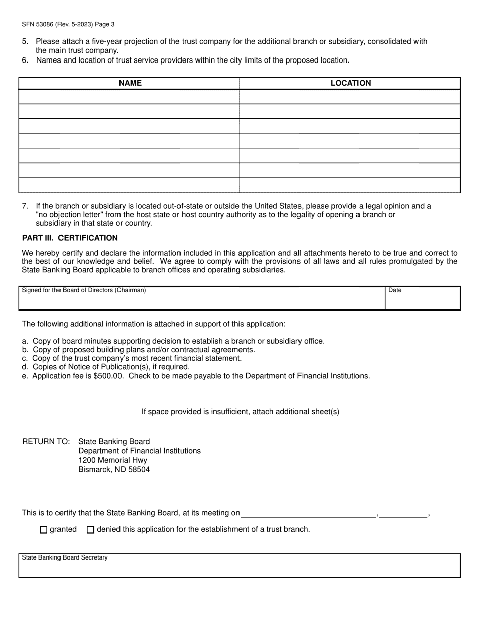 Form SFN53086 Application to Establish a Branch or Operating Subsidiary - North Dakota, Page 3