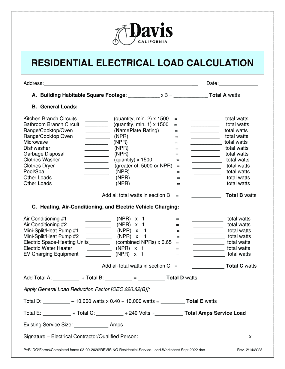 Residential Electrical Load Calculation - City of Davis, California, Page 1