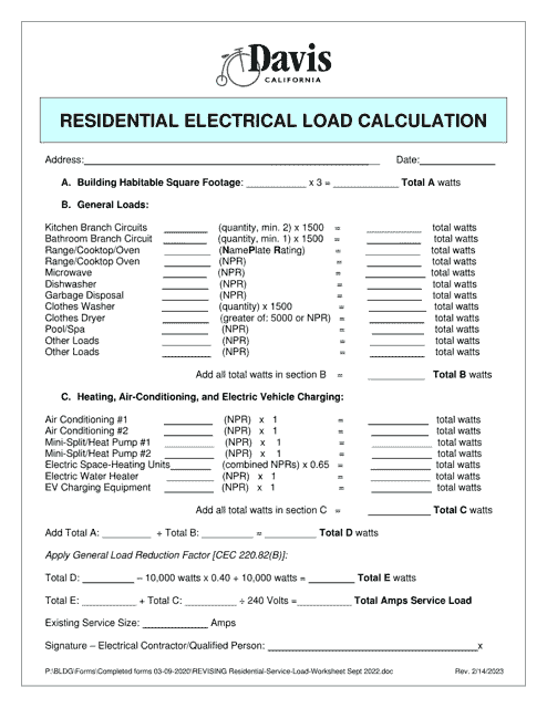 Residential Electrical Load Calculation - City of Davis, California Download Pdf