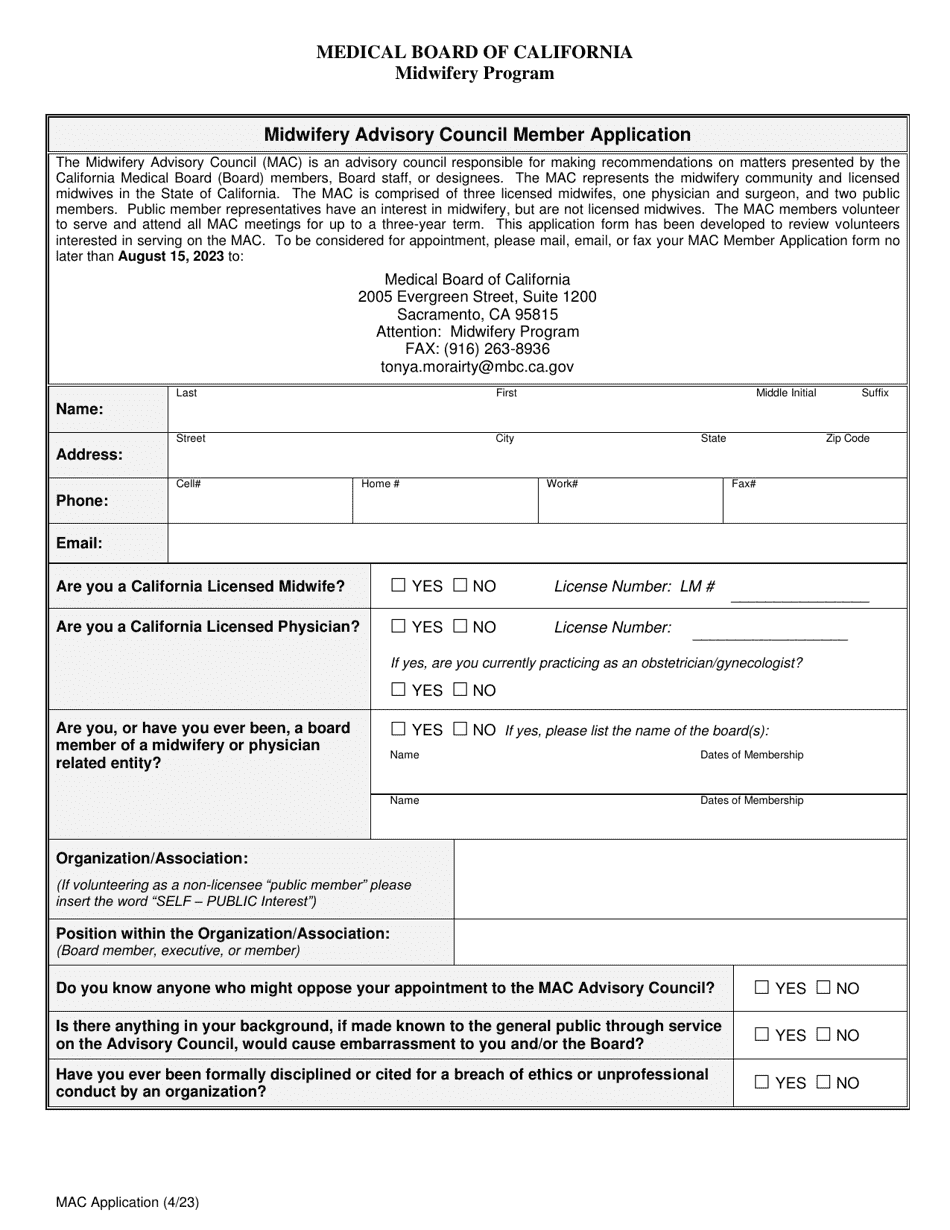 Midwifery Advisory Council Member Application - California, Page 1