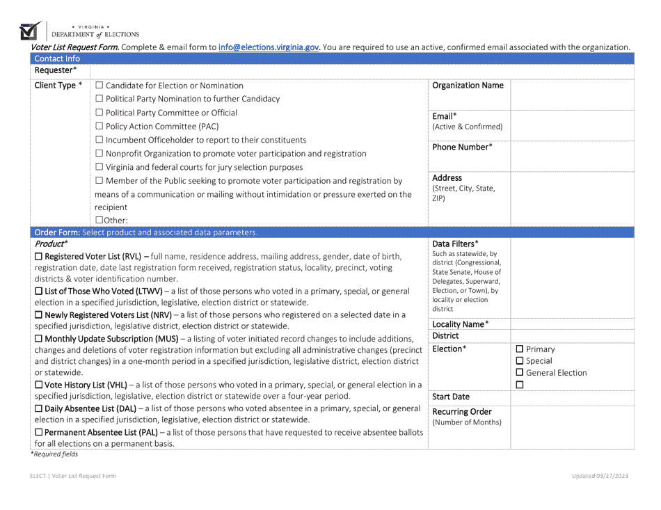 Voter List Request Form - Virginia, Page 1