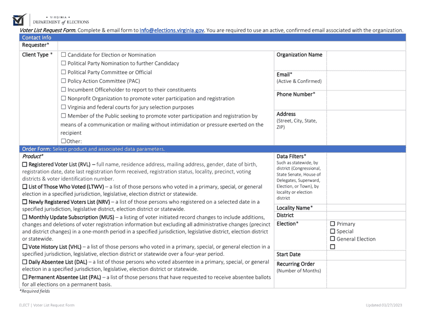 Voter List Request Form - Virginia Download Pdf