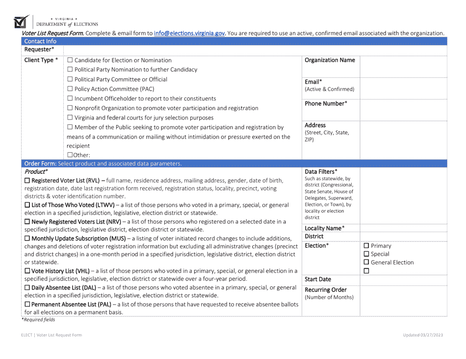 Virginia Voter List Request Form - Fill Out, Sign Online and Download ...
