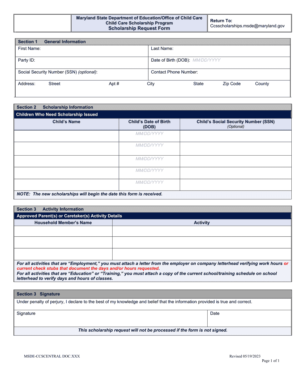 Maryland Scholarship Request Form - Fill Out, Sign Online And Download 