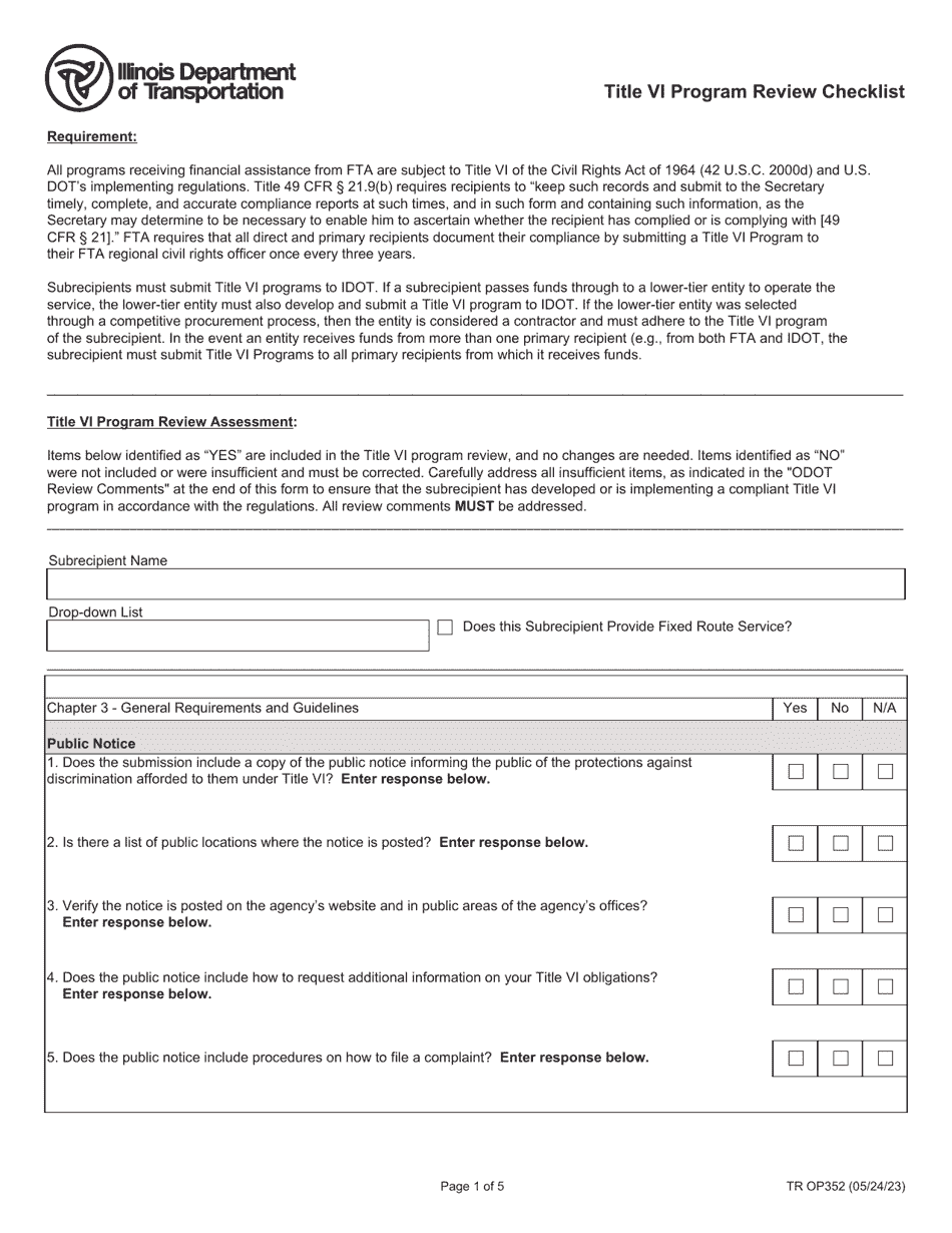 Form TR OP352 Title VI Program Review Checklist - Illinois, Page 1