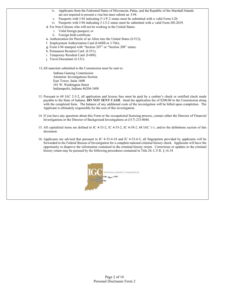 Form 2 (State Form 46781) Personal Disclosure Form - Indiana, Page 2