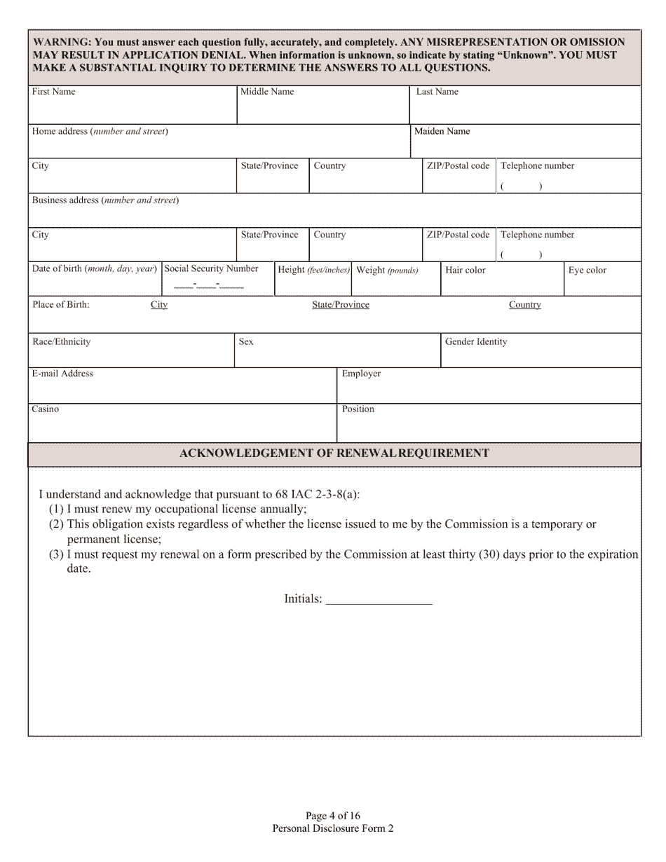Form 2 (State Form 46781) Personal Disclosure Form - Indiana, Page 4