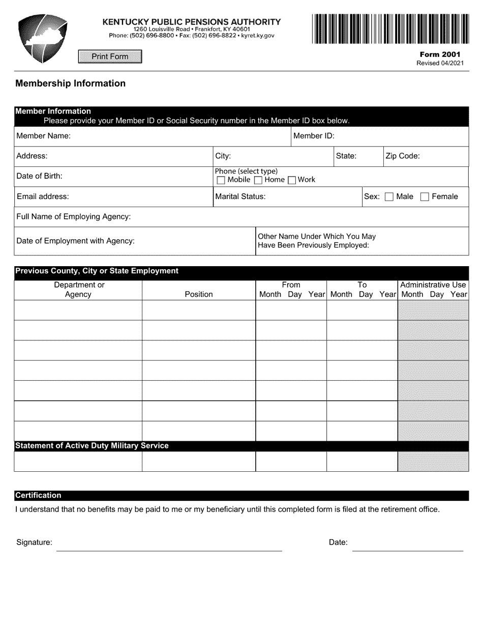 Form 2001 Membership Information - Kentucky, Page 1