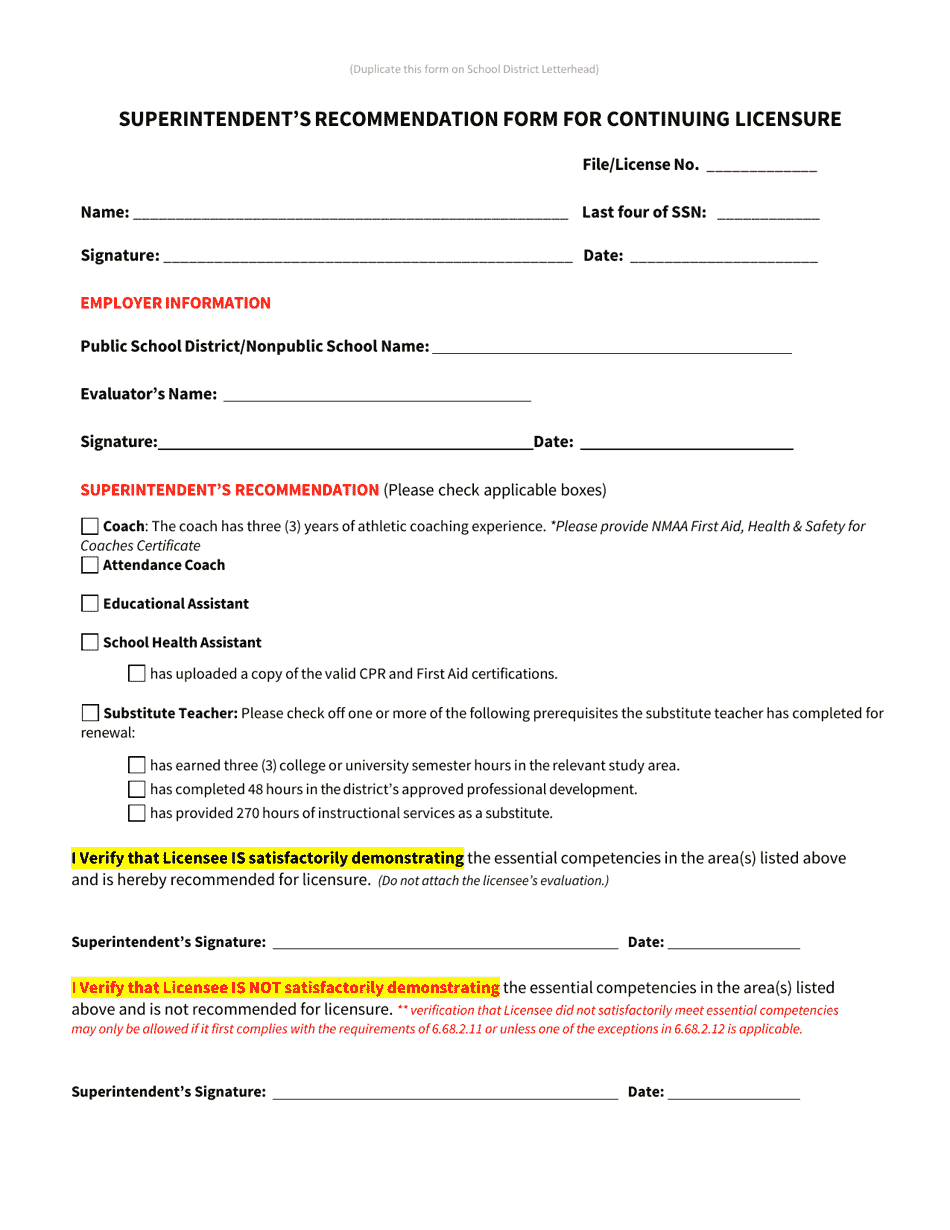 Superintendents Recommendation Form for Continuing Licensure - Coach, Educational Assistant, Health Assistant or Substitute Teacher - New Mexico, Page 1