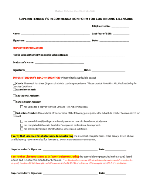 Superintendent's Recommendation Form for Continuing Licensure - Coach, Educational Assistant, Health Assistant or Substitute Teacher - New Mexico Download Pdf