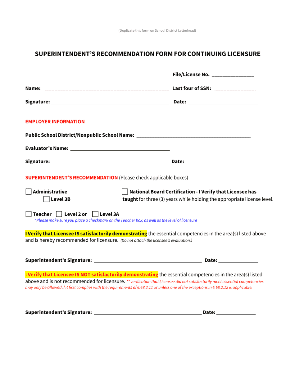 Superintendents Recommendation Form for Continuing Licensure - Administrator and Teacher - New Mexico, Page 1