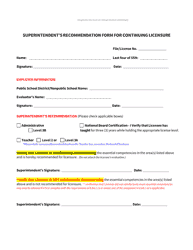Document preview: Superintendent's Recommendation Form for Continuing Licensure - Administrator and Teacher - New Mexico