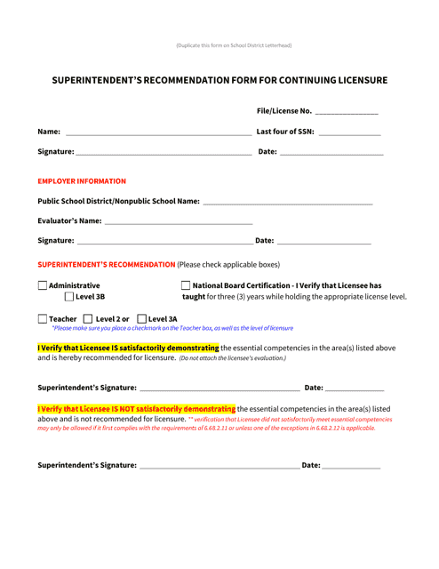 Superintendent's Recommendation Form for Continuing Licensure - Administrator and Teacher - New Mexico